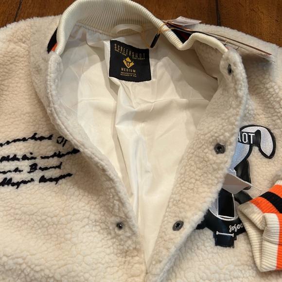 Men's Screenshot Cream Varsity Jacket with Patches - Picture 6 of 7